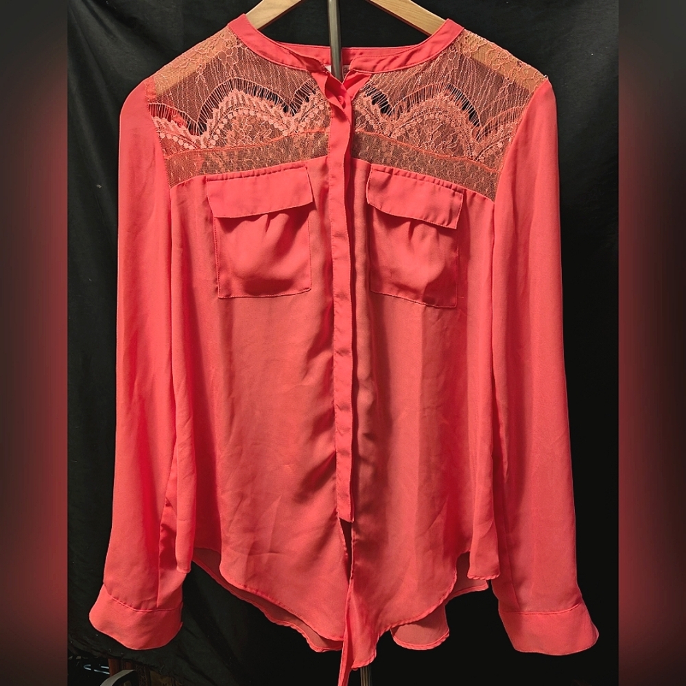 Vintage Candies Neon Pink Long Sleeve Button Up Silky Lace Blouse Sz M